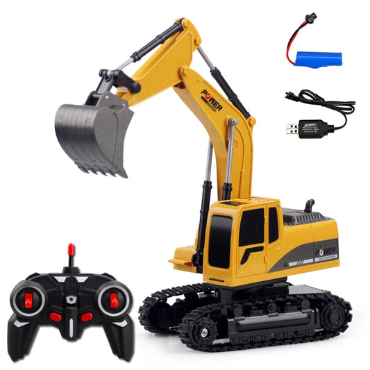 Yellow metal RC excavator with gray bucket, black tracks; includes remote controller and cable