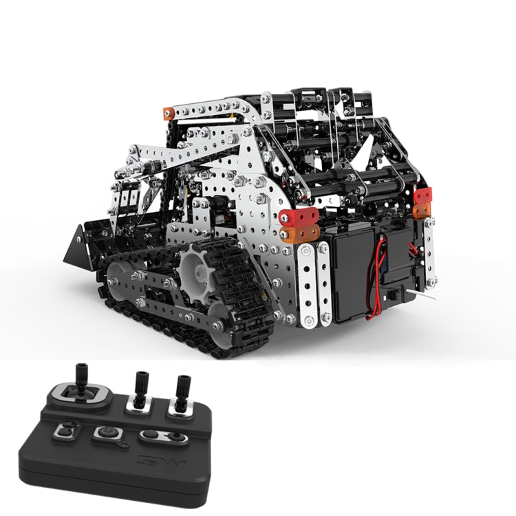Assembled RC caterpillar forklift toy with metal arms and black remote controller