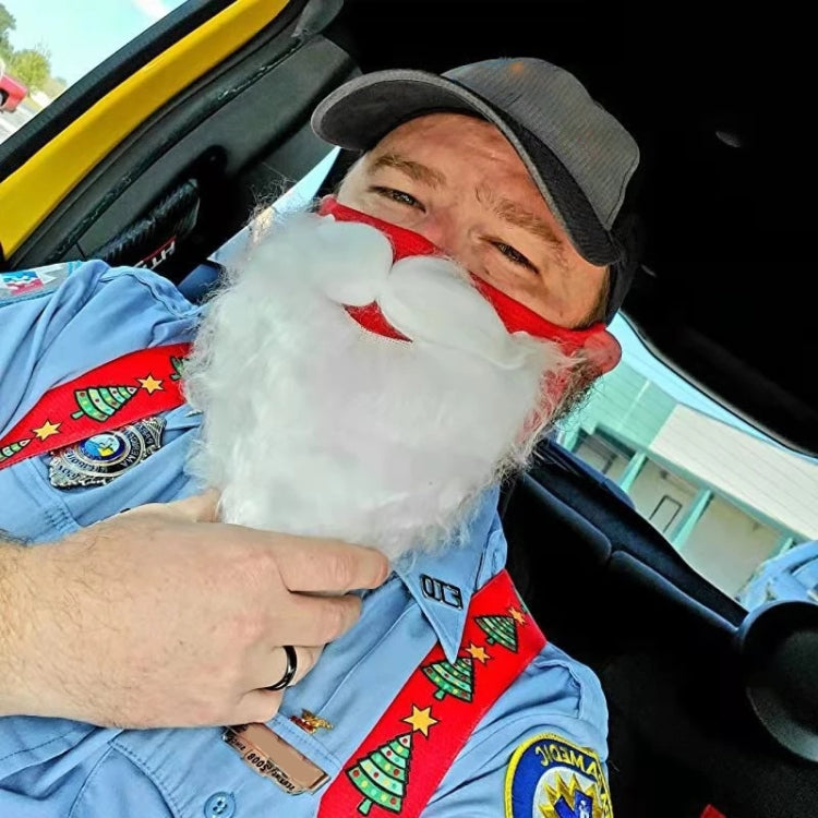 Santa beard face mask worn: red trim with white plush beard
