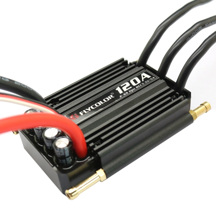 Flycolor 120A waterproof speed controller, angled view with gold corner terminals