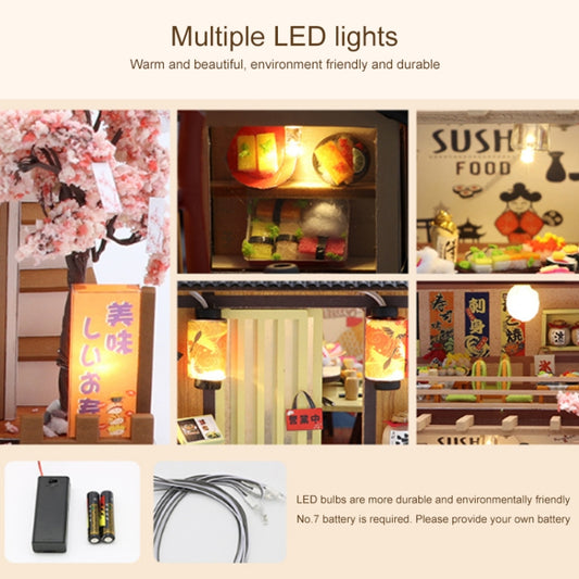 Miniature sushi restaurant model house interior with multiple warm LED bulbs