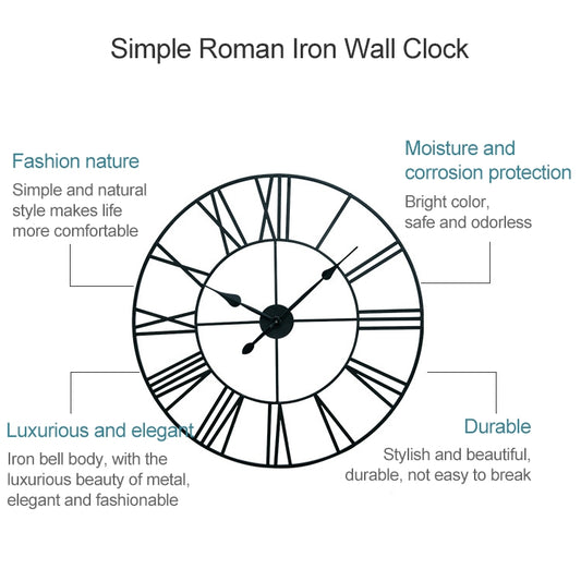 60cm Retro Living Room Iron Round Roman Numeral Mute Decorative Wall Clock, 60cm