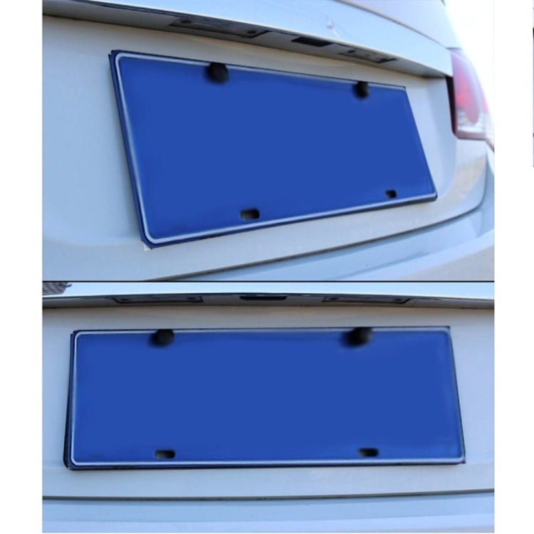 Vehicle-mounted license plate frame with blue plate insert and black mounting hardware