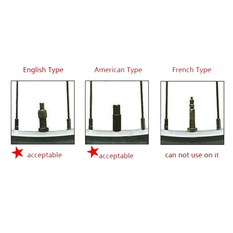 Valve light compatibility chart for English, American, and French tire valve types