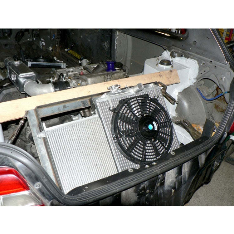 12-inch car cooling fan mounted on front panel, black grille with 12V hub label