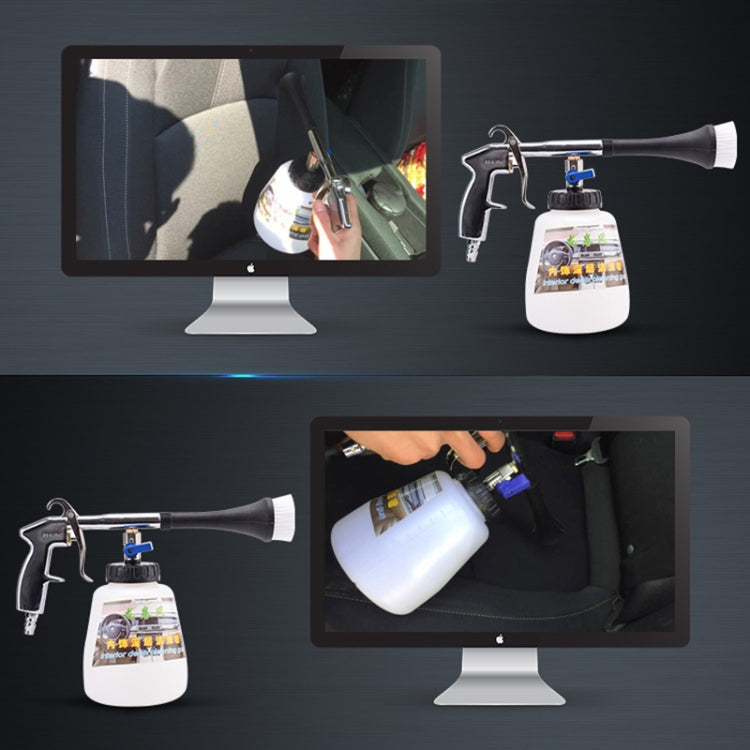 High pressure spray gun with trigger and white cleaning bottle for car interior