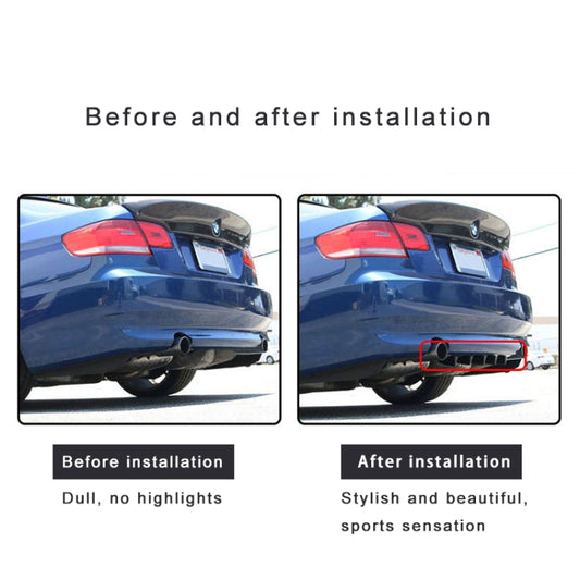 Rear bumper lip diffuser installed on car, featuring five shark-fin vent fins