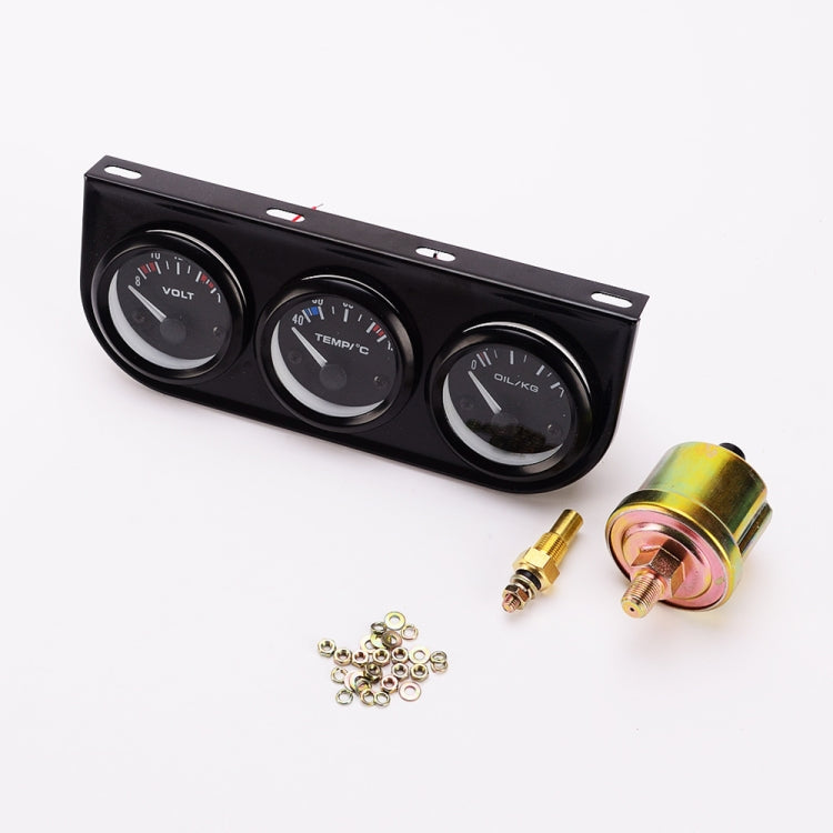 3-in-1 auto gauge meter with mounting bracket holes, oil pressure sensor, and hardware