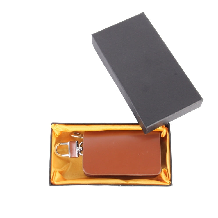 Brown leather-look key wallet in gift box with lid closed