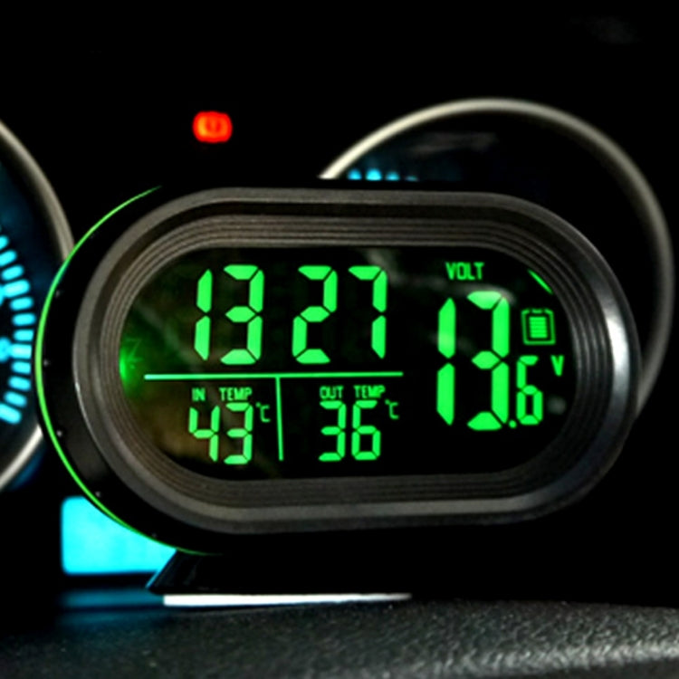 Green LCD car tester shows 13.21V and in/out temps 43°C and 36°C.