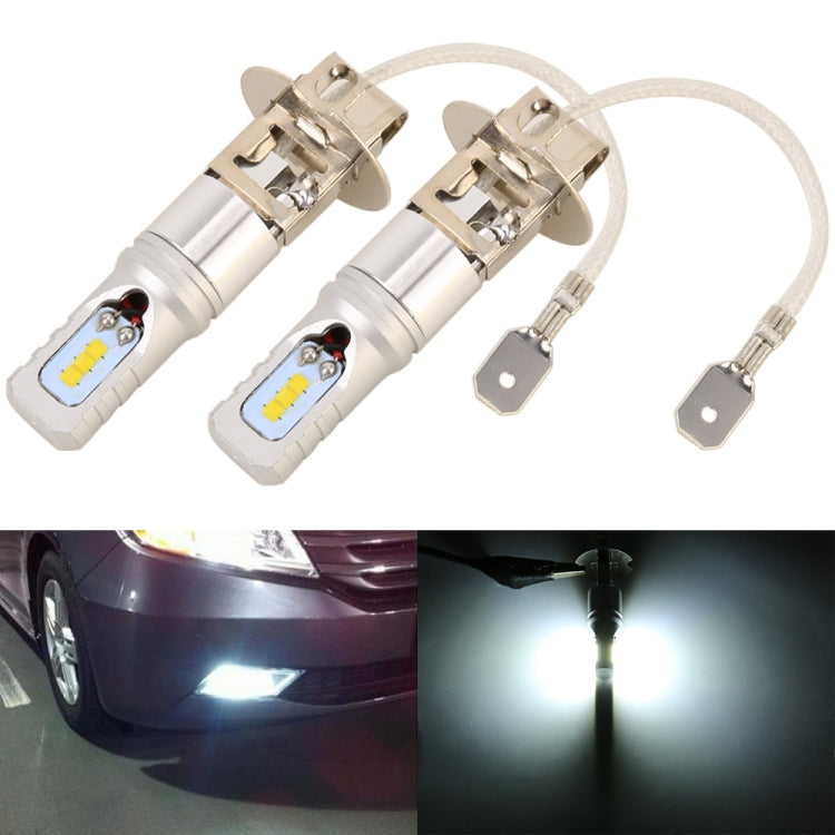 2-pack H3 car LED fog lights with silver housings, metal caps, and white wiring.