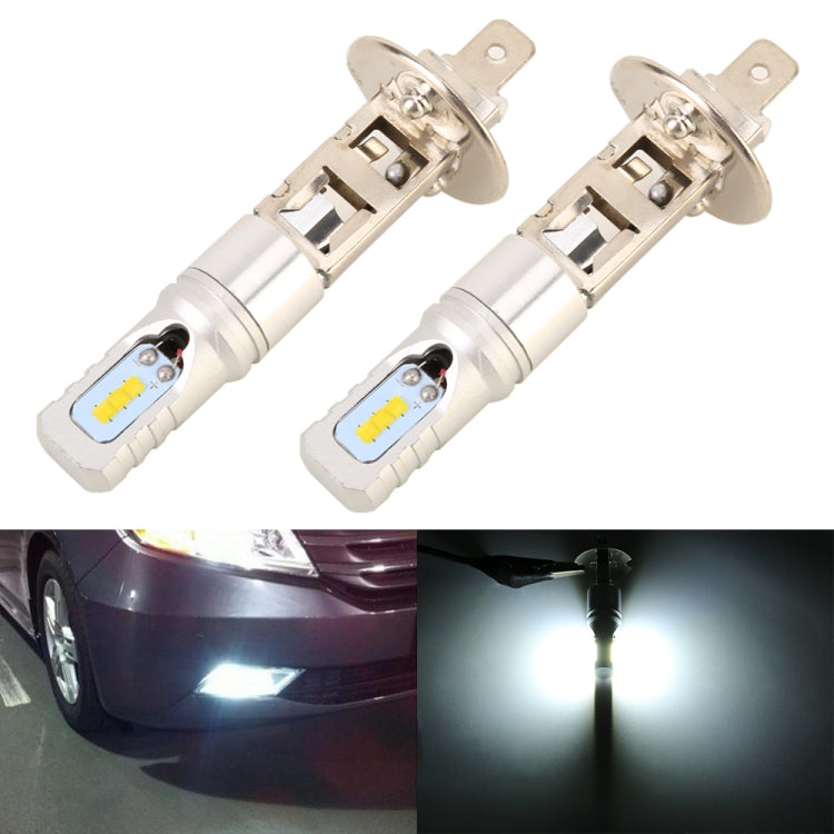 Pair of silver H1 LED fog light bulbs with two CSP chips and headlight caps