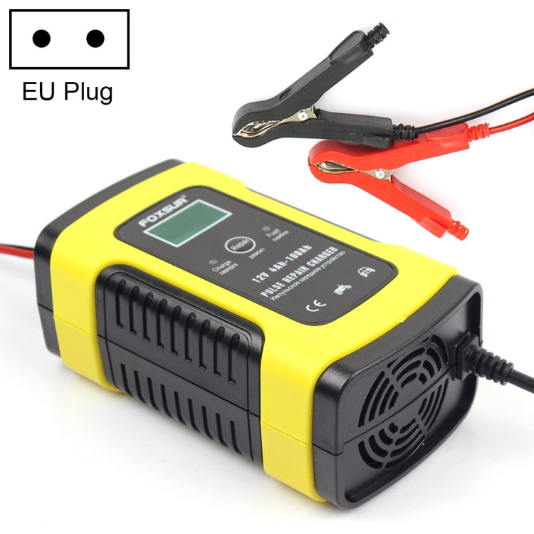 Yellow battery pulse charger with EU plug and red/black alligator clip connectors