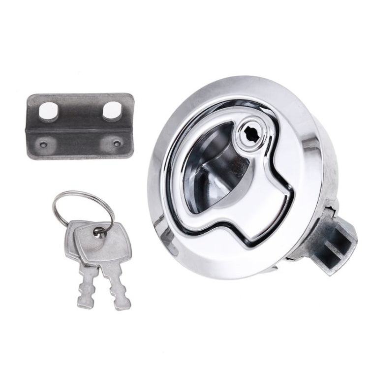 Silver door latch release kit with keys and mounting bracket, round cup catch