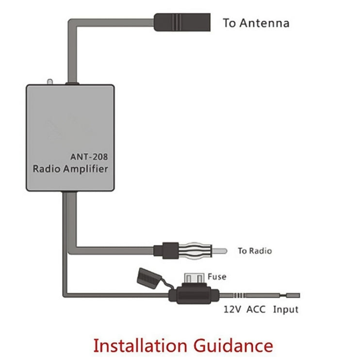 Radio amplifier wiring diagram showing 12V input, fuse, and antenna connections