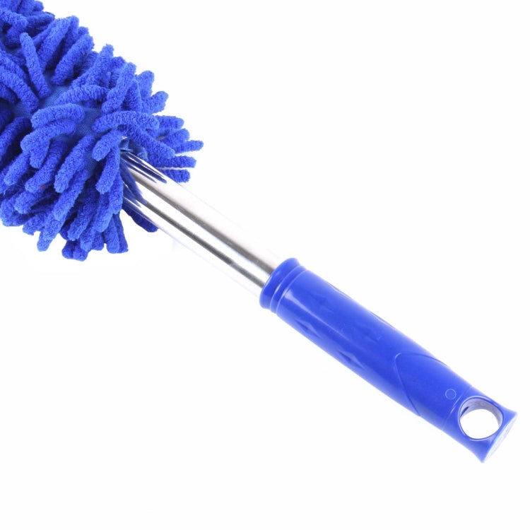 Blue car cleaning brush with dense chenille microfiber bristles and vented handle grip