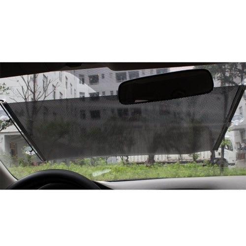 Car insulation curtain installed on windshield, dark mesh with reflective border