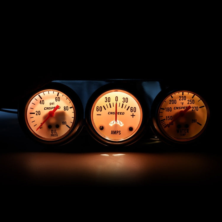 Triple car gauge set with illuminated oil pressure, amps, and water temperature needles