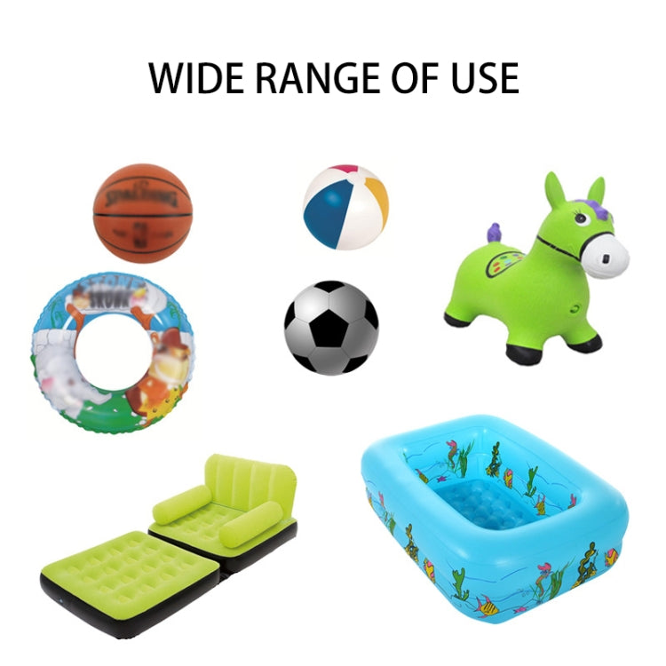Air pump needle set shown with inflatables, sports balls, and pool float toys
