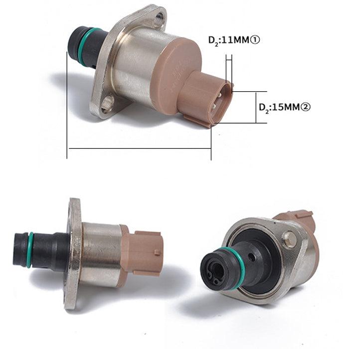 Electric fuel metering valve with size diagram markings and connector close view