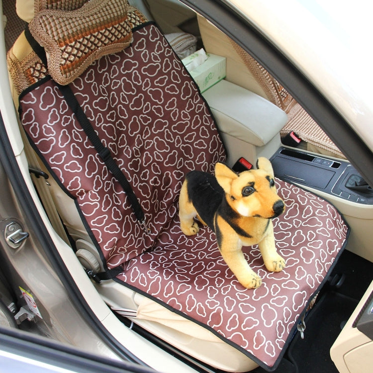 Burgundy bone-pattern pet car seat cover with non-slip backing and sitting dog