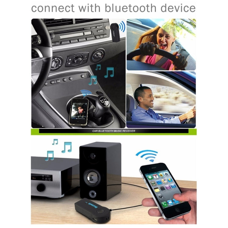 Bluetooth music receiver connecting to car stereo and phone, hands-free use shown