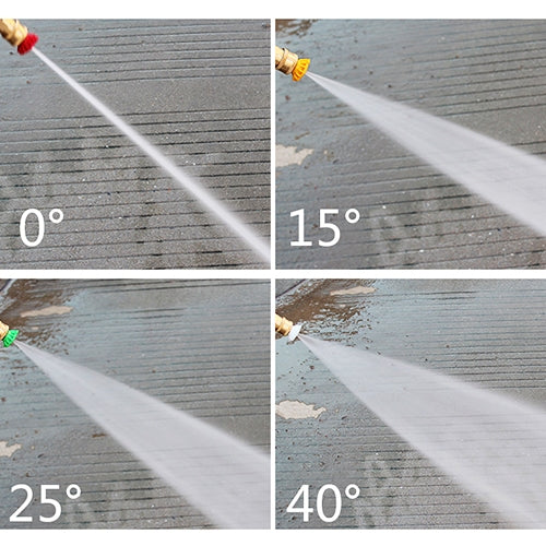 Pressure washer spray fan at 0°, 15°, 25°, and 40° nozzle angles