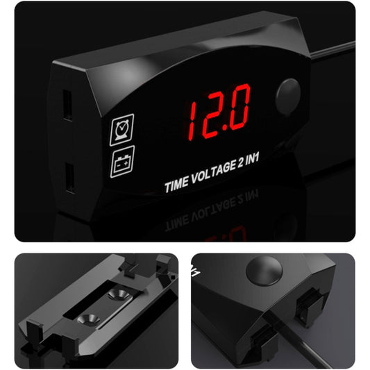 Motorcycle Multi-functional 2 in 1 Digital Display Voltmeter + Electronic Clock, 6-30V IP67