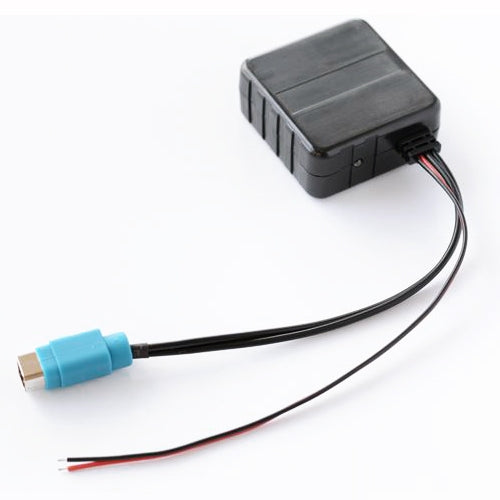 Car Bluetooth AUX adapter cable with black module, blue plug, and red/black wire leads