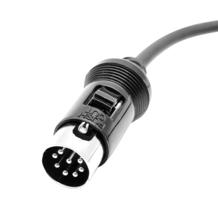 8-pin male audio connector on black cable, visible pin layout and housing
