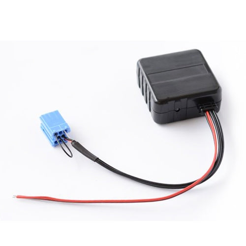 Bluetooth AUX adapter module with black control box, blue plugs, red/black wire leads