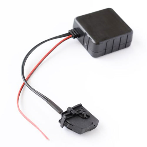 Bluetooth audio wiring harness module with gray connector, red/black leads and socket