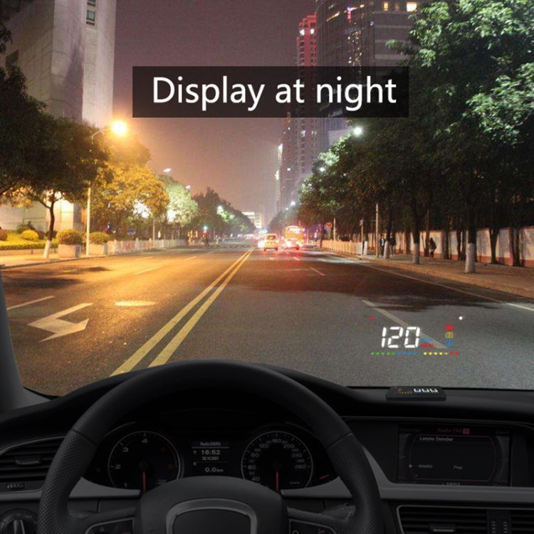Vehicle windshield HUD displaying red numeric speed and engine data at night