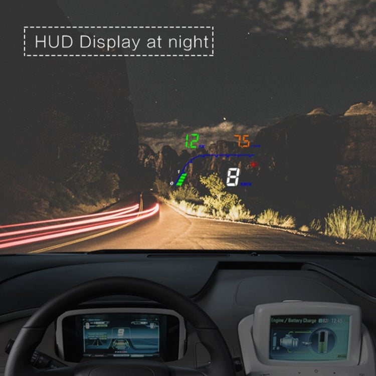 Head up display at night showing speed, engine data, and traffic warning icons