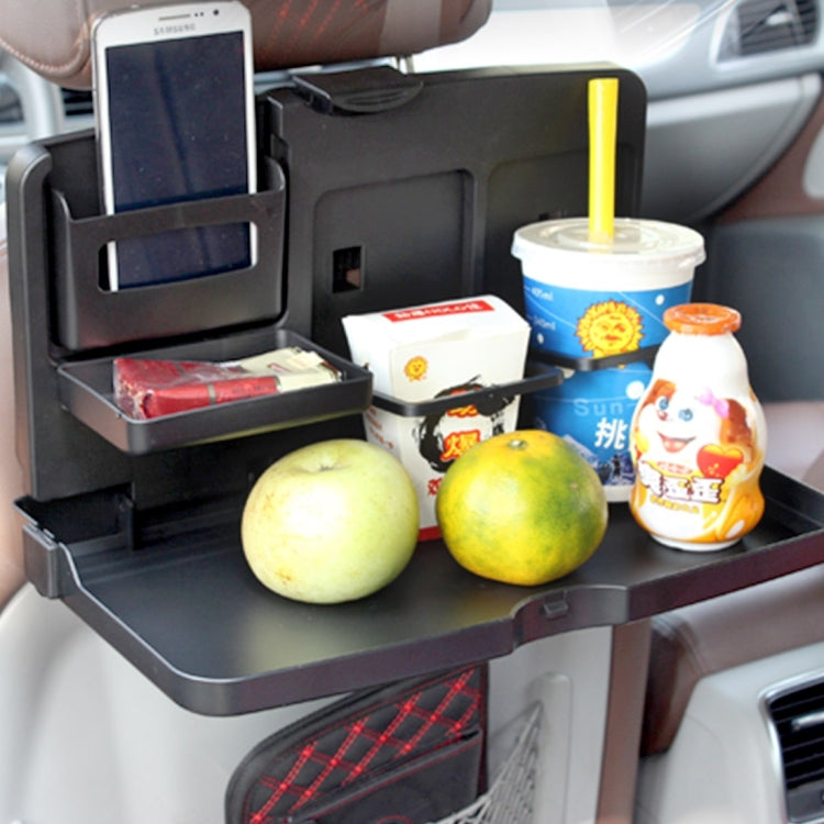 Vehicle back seat tray with phone holder, cup area, and snack compartments with drinks