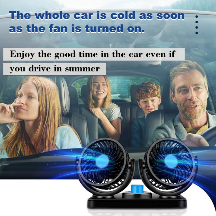 Dual-head mini car fan with blue centers on base, airflow direction arrows