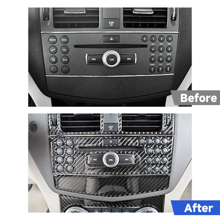 Carbon fiber CD adjustment frame sticker installed on car center console near audio controls