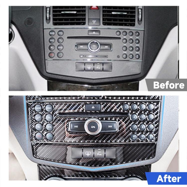 Carbon fiber CD control frame installed on car center console with button cutouts
