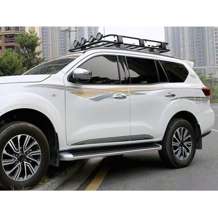 SUV body side stripe decal set on white SUV, gold and silver streamline accents