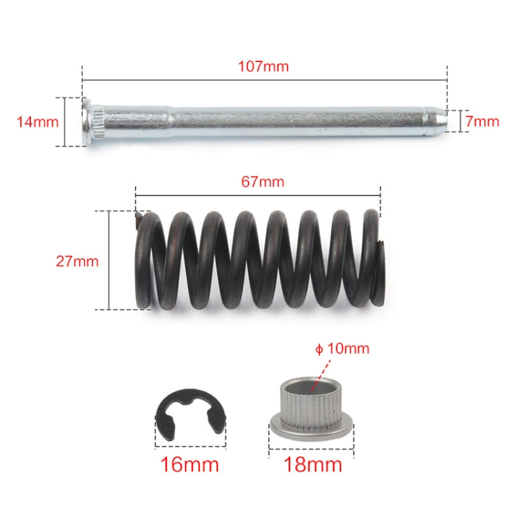 Door hinge bushing removal kit with spring and pins; size measurements shown