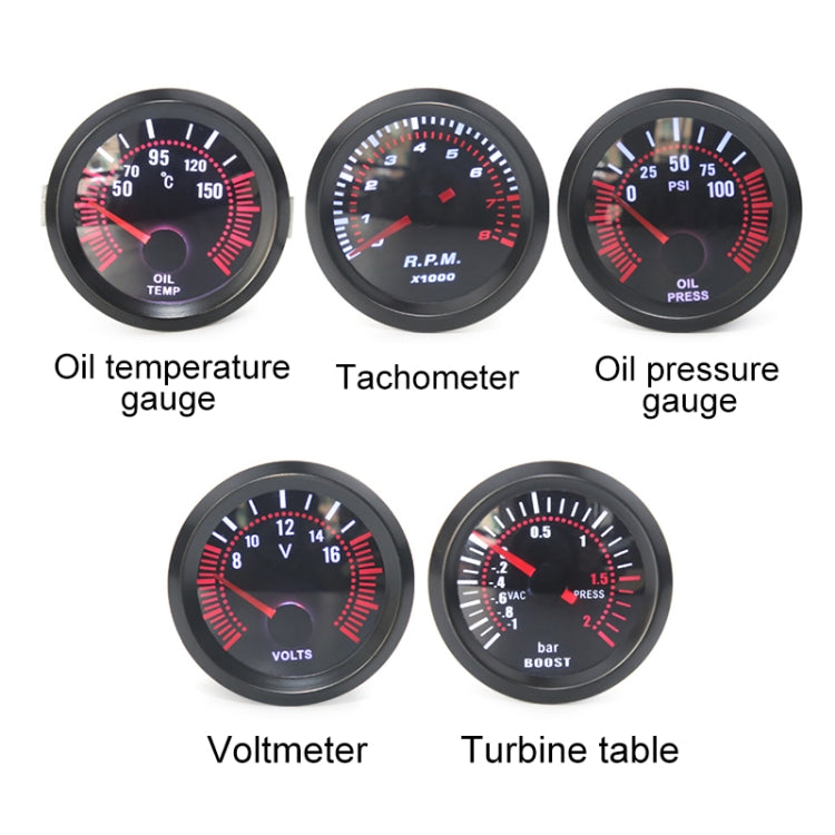 Set of car gauges: oil temperature gauge, tachometer, oil pressure, voltmeter, turbine