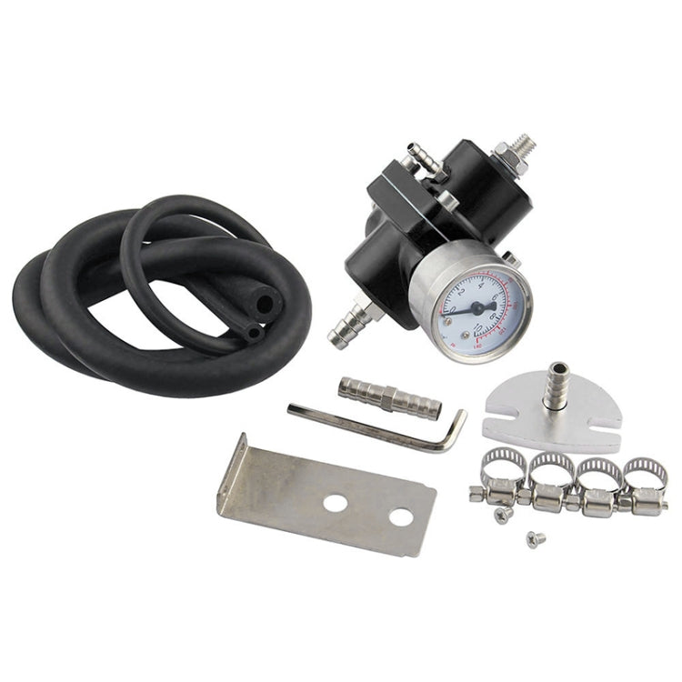 Fuel pressure regulator kit with gauge, black hose, fittings, clamps, and mounting plate