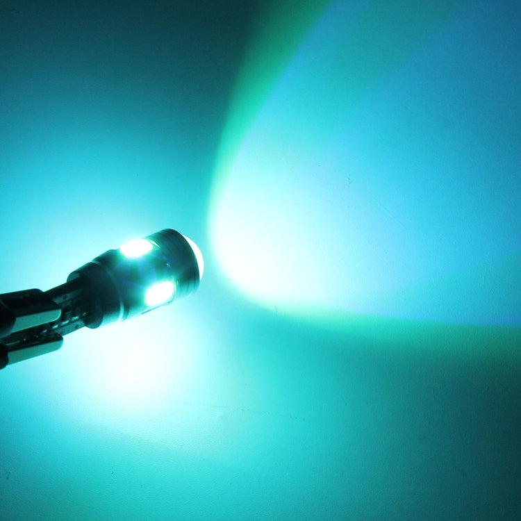 T10 LED car clearance bulb lit, icy blue beam shining from metal bulb tip