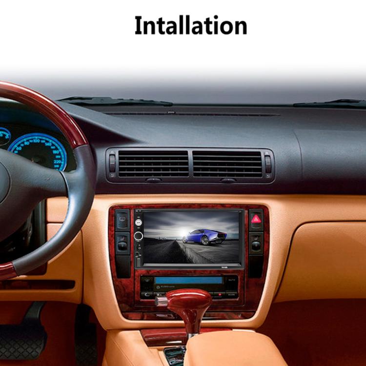 2-DIN car radio receiver installed in dashboard with color touchscreen display