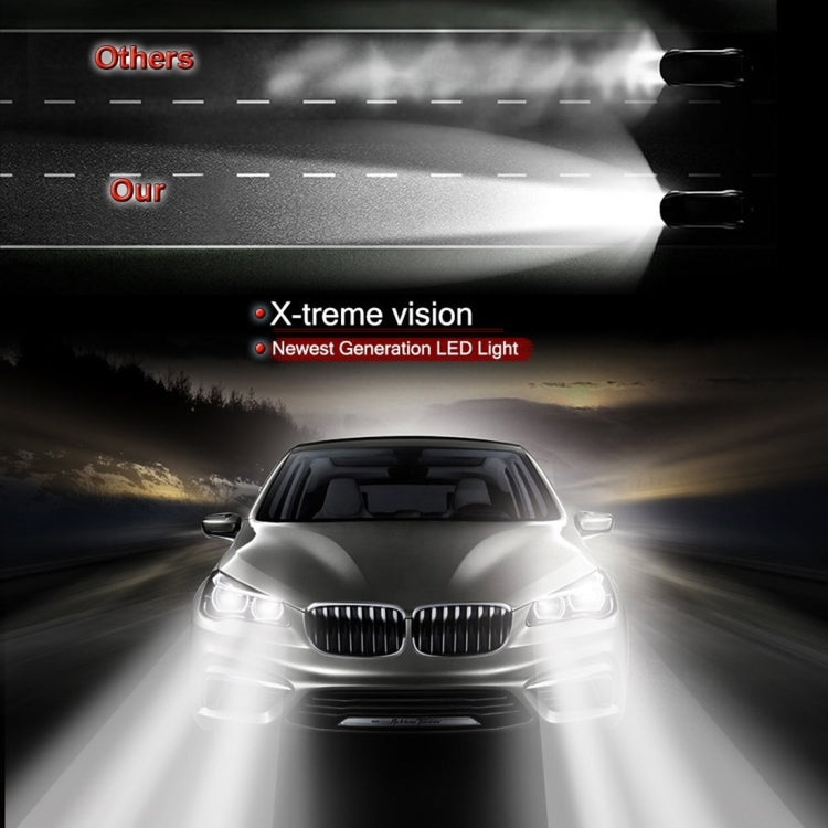 LED headlight kit producing bright white light beam from a car front