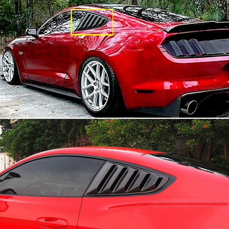 Side window louver trim covers installed on red car, black vented design