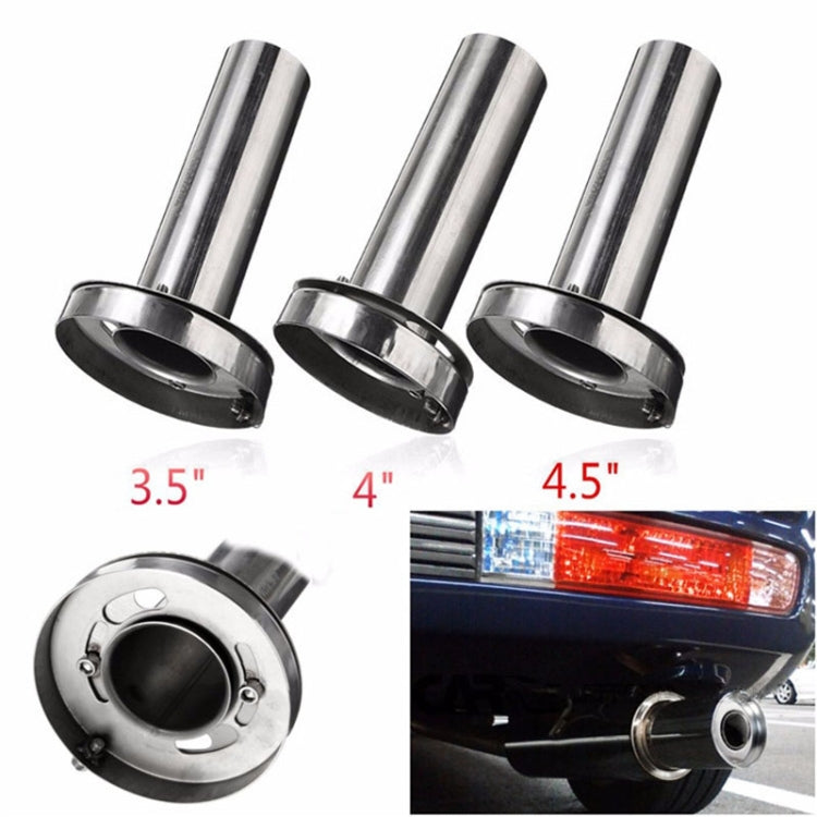 Set of stainless steel exhaust tips in 3.5, 4, and 4.5-inch sizes with black outlets