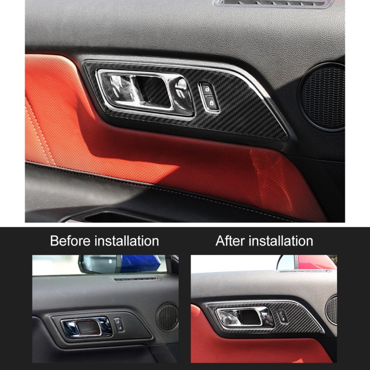 Car door handle area with carbon-fiber style decorative stickers installed, two pieces