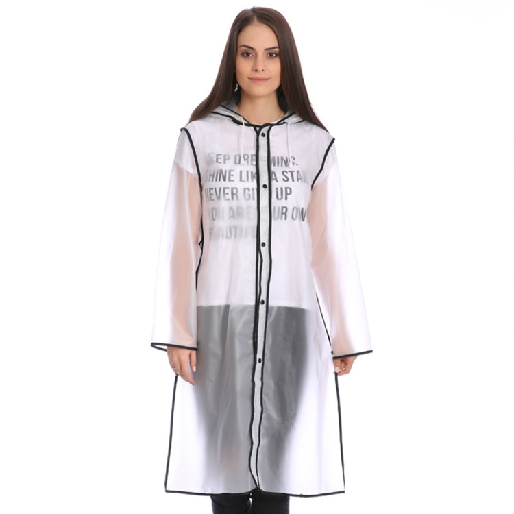 Clear hooded raincoat poncho with gray front panel, black trim, button placket
