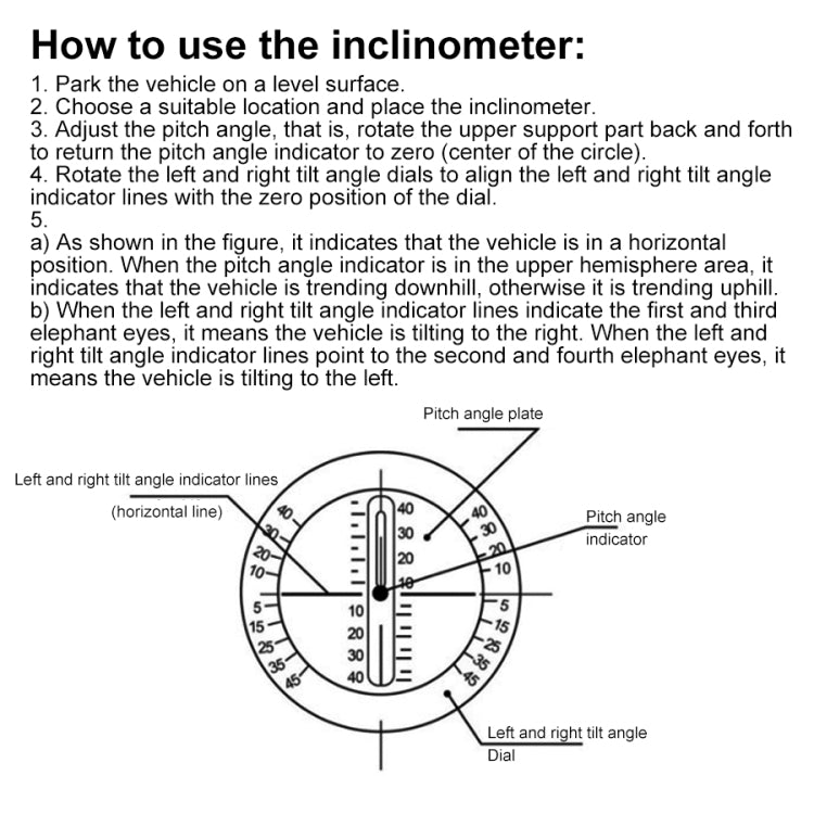 Inclinometer pitch angle diagram with labeled scale and indicator line directions